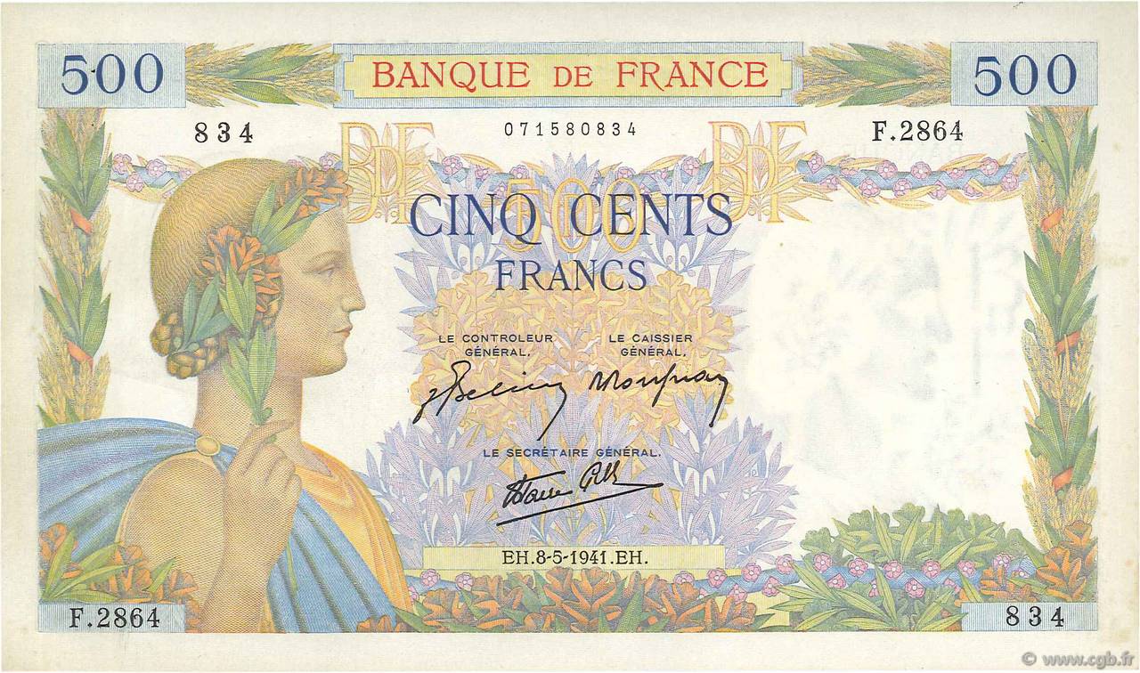500 Francs LA PAIX FRANKREICH  1941 F.32.16 fST