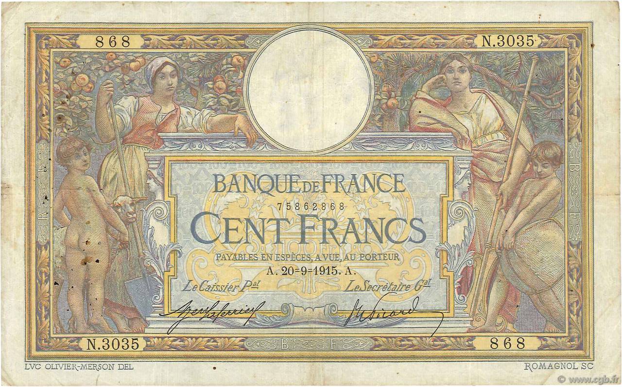 100 Francs LUC OLIVIER MERSON sans LOM FRANCIA  1915 F.23.07 q.MB