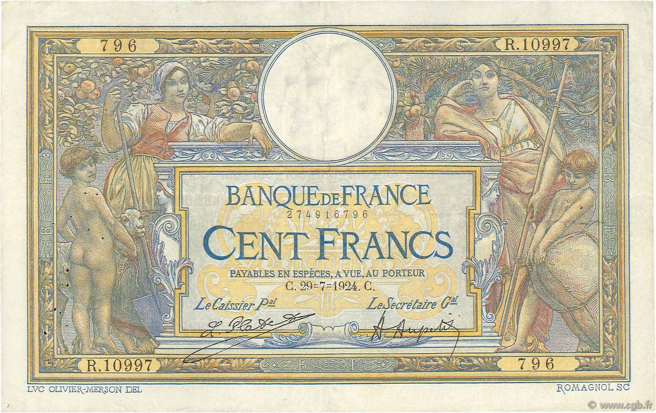 100 Francs LUC OLIVIER MERSON grands cartouches FRANCIA  1924 F.24.02 BB