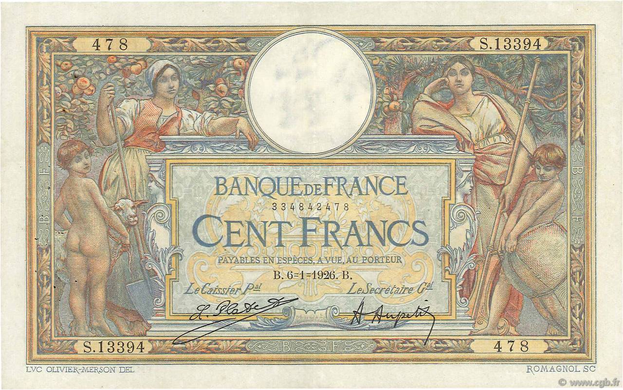 100 Francs LUC OLIVIER MERSON grands cartouches FRANCE  1926 F.24.04 VF