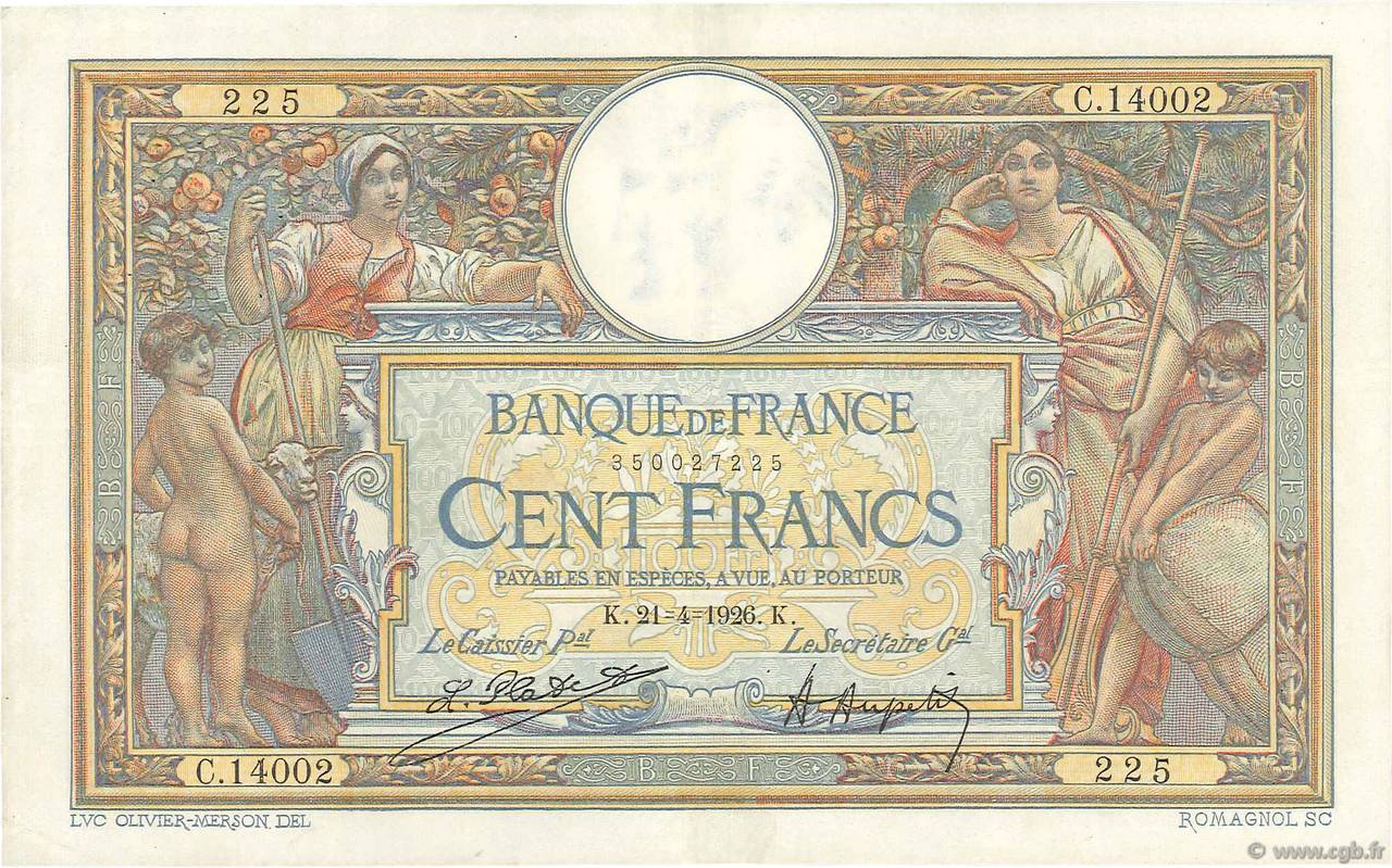 100 Francs LUC OLIVIER MERSON grands cartouches FRANCIA  1926 F.24.04 q.SPL