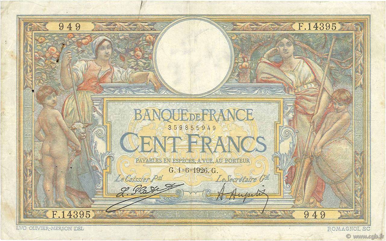 100 Francs LUC OLIVIER MERSON grands cartouches FRANKREICH  1926 F.24.04 S