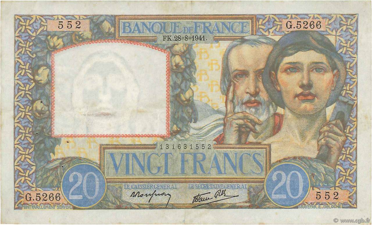 20 Francs TRAVAIL ET SCIENCE FRANCE  1941 F.12.17 VF