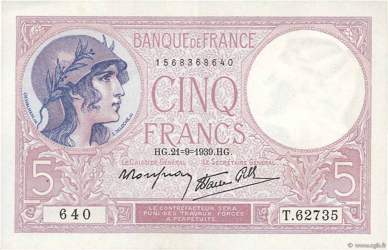 5 Francs FEMME CASQUÉE modifié FRANKREICH  1939 F.04.09 VZ
