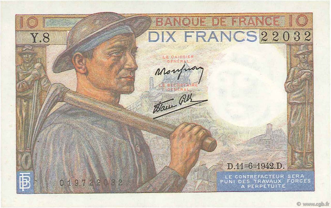 10 Francs MINEUR FRANCIA  1942 F.08.03 AU