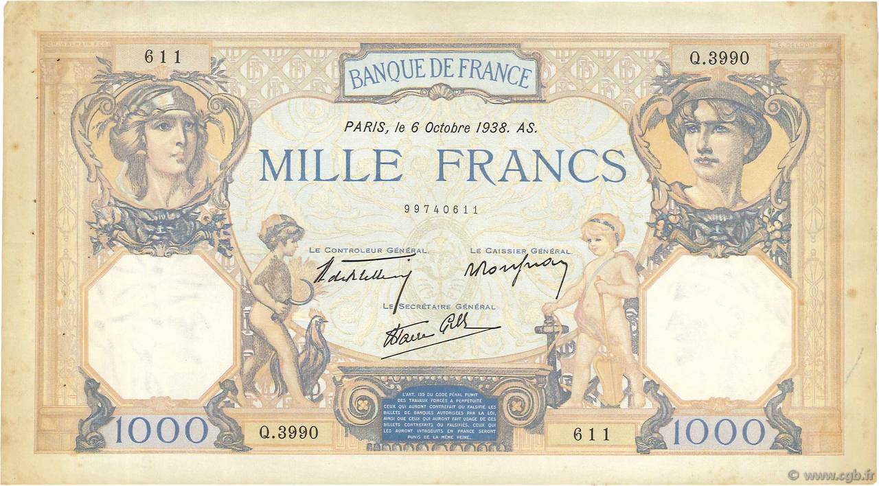 1000 Francs CÉRÈS ET MERCURE type modifié FRANCIA  1938 F.38.28 MBC