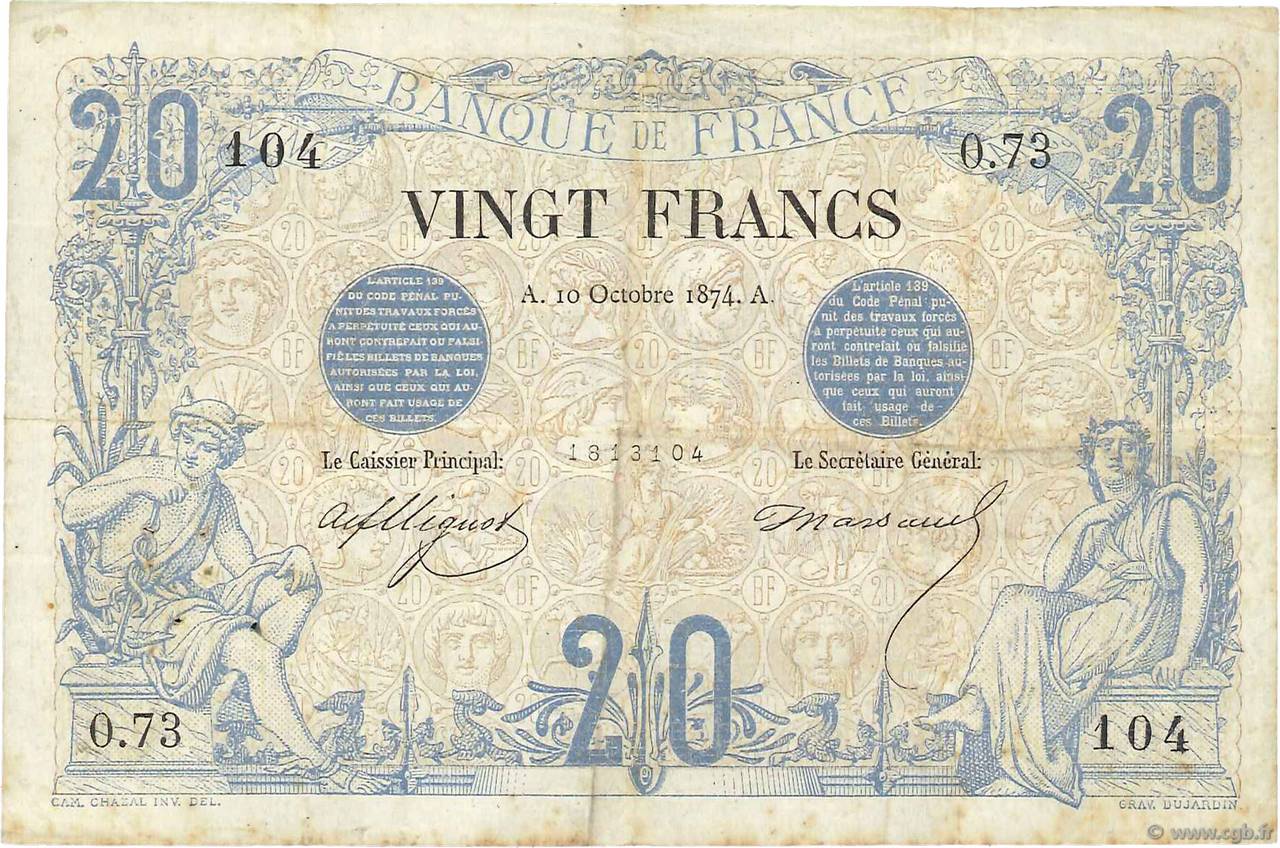 20 Francs NOIR FRANCIA  1874 F.09.01 MB