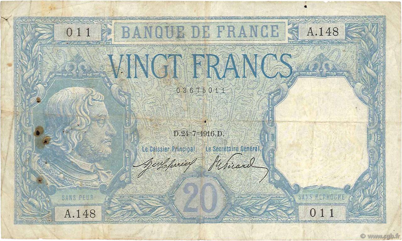 20 Francs BAYARD FRANCE  1916 F.11.01 B+