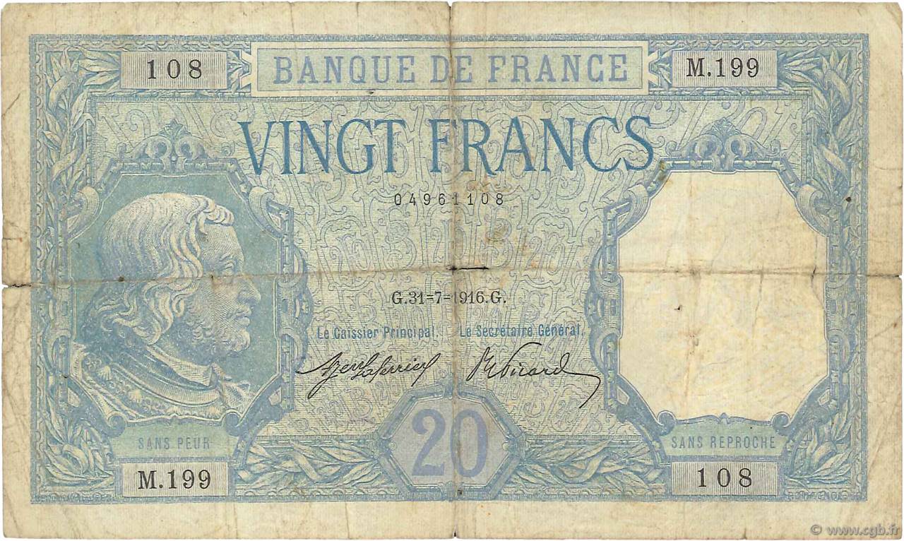 20 Francs BAYARD FRANCE  1916 F.11.01 VG
