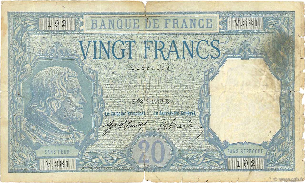 20 Francs BAYARD FRANKREICH  1916 F.11.01 SGE