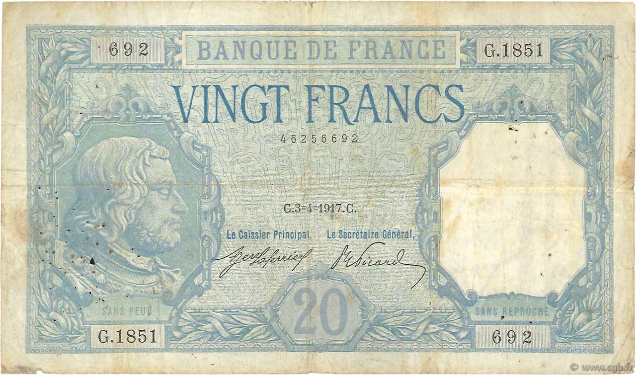 20 Francs BAYARD FRANCE  1917 F.11.02 F