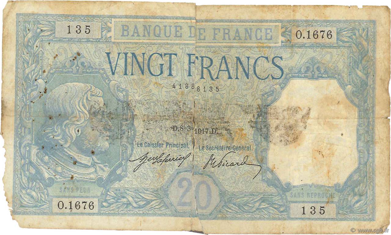20 Francs BAYARD FRANKREICH  1917 F.11.02 GE