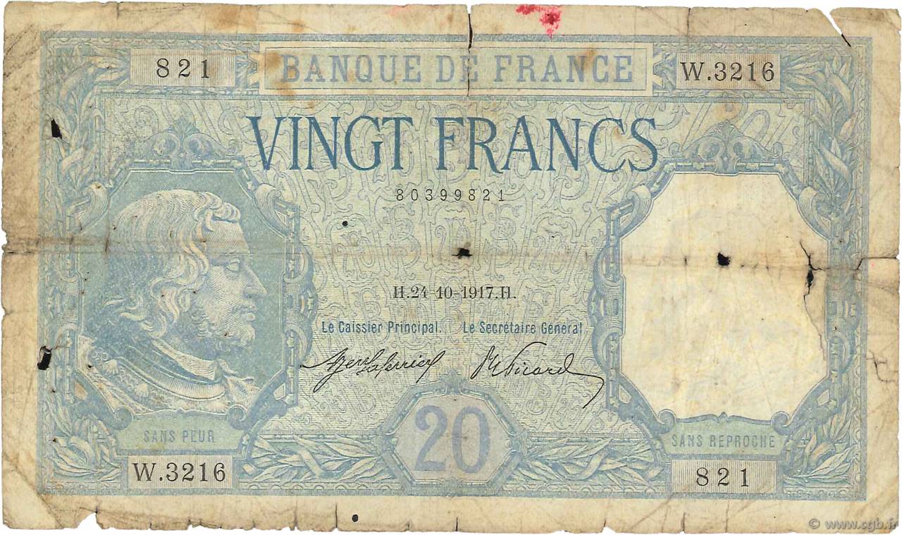 20 Francs BAYARD FRANCE  1917 F.11.02 AB