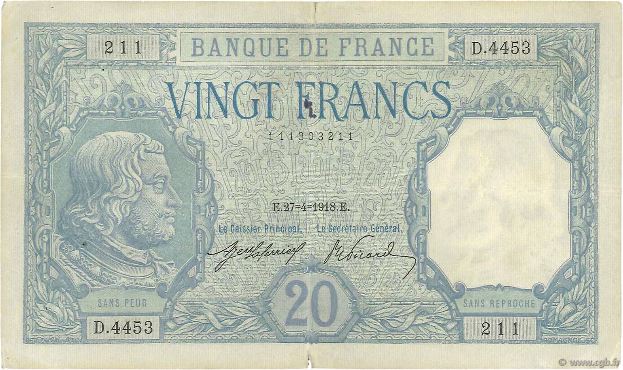 20 Francs BAYARD FRANCE  1918 F.11.03 VF