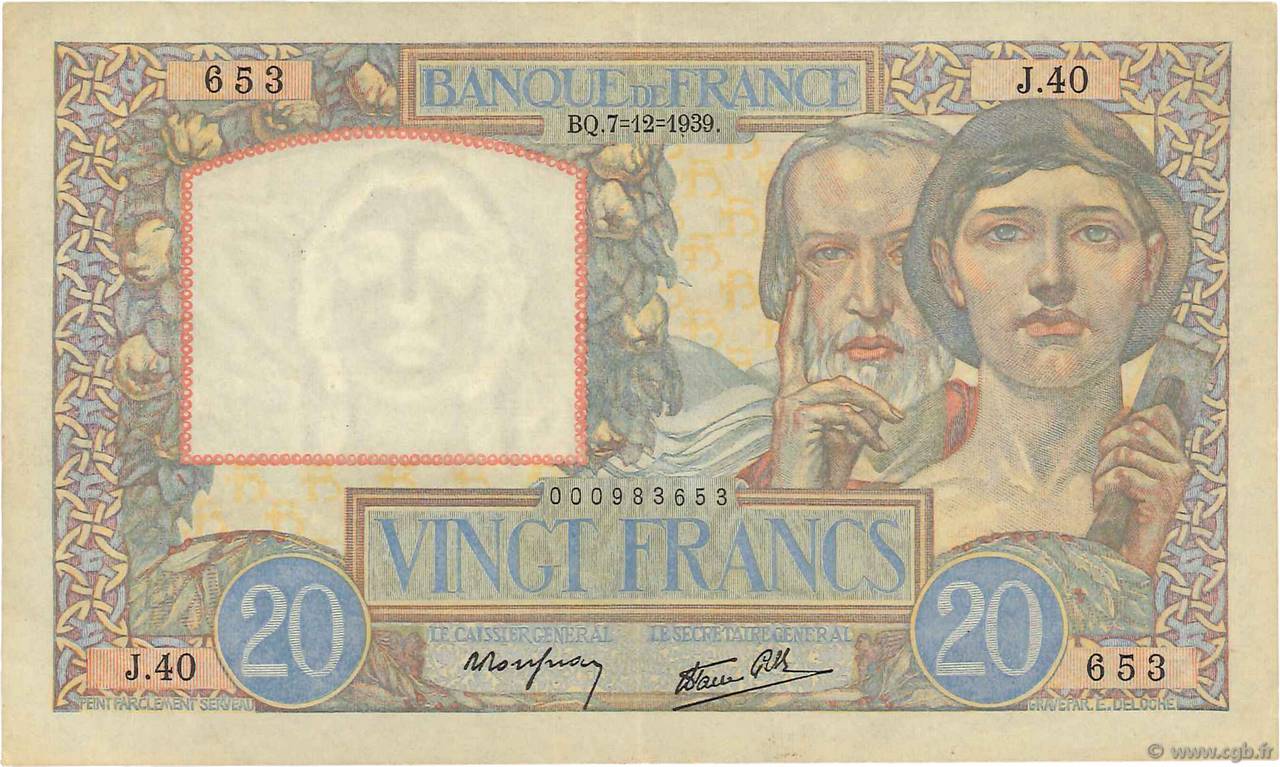 20 Francs TRAVAIL ET SCIENCE FRANCE  1939 F.12.01 TTB+