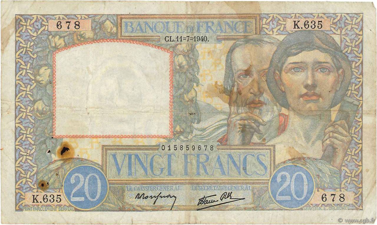 20 Francs TRAVAIL ET SCIENCE FRANCE  1940 F.12.04 pr.TB