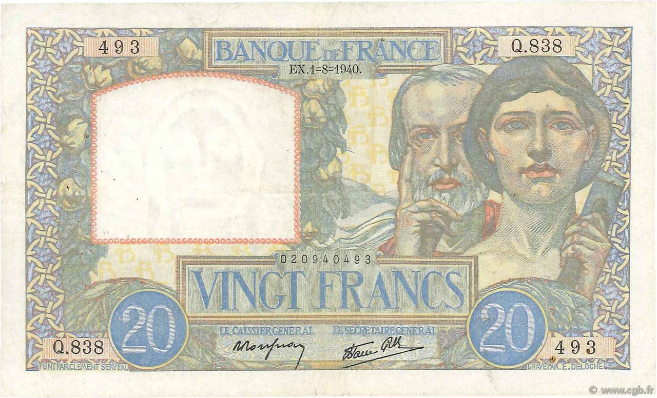 20 Francs TRAVAIL ET SCIENCE FRANCE  1940 F.12.05 VF-