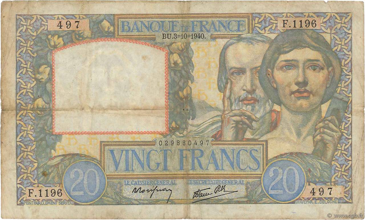 20 Francs TRAVAIL ET SCIENCE FRANCIA  1940 F.12.08 MB