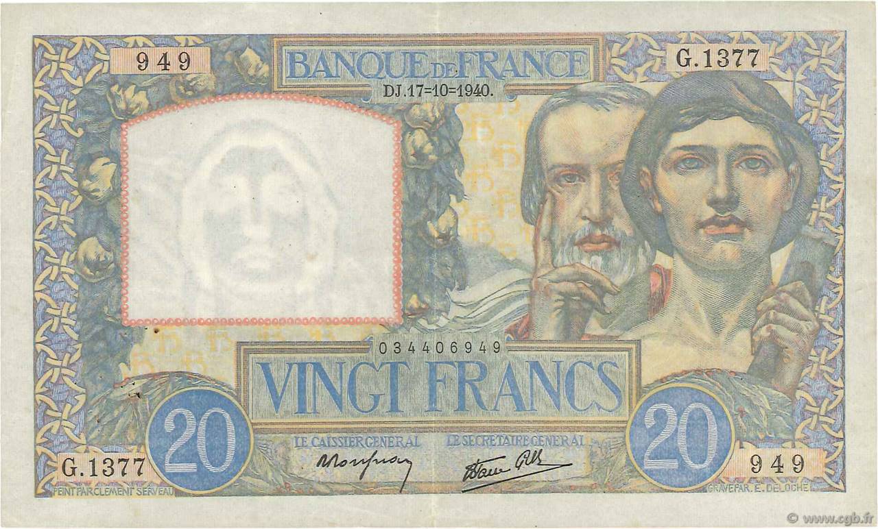 20 Francs TRAVAIL ET SCIENCE FRANCIA  1940 F.12.09 MBC