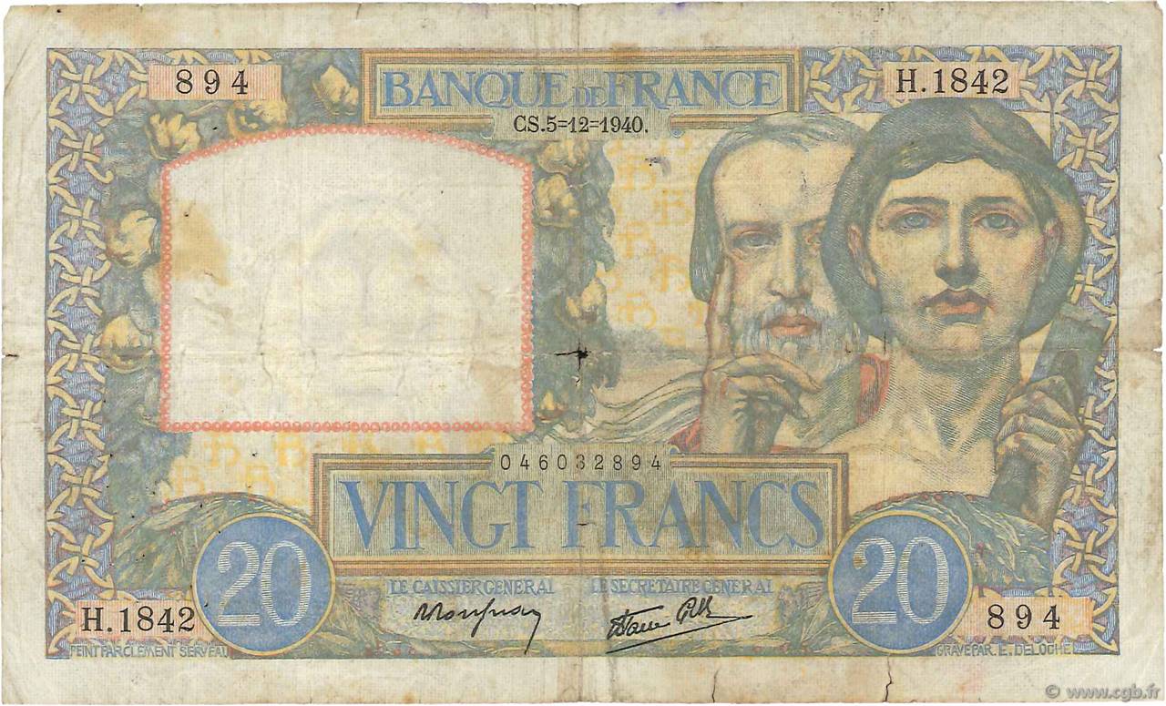 20 Francs TRAVAIL ET SCIENCE FRANCE  1940 F.12.10 B