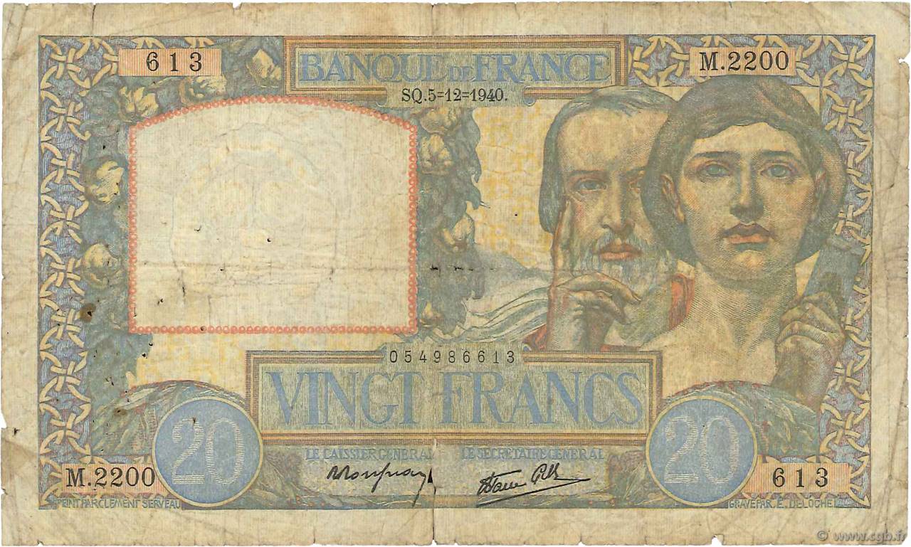 20 Francs TRAVAIL ET SCIENCE FRANCIA  1940 F.12.10 B