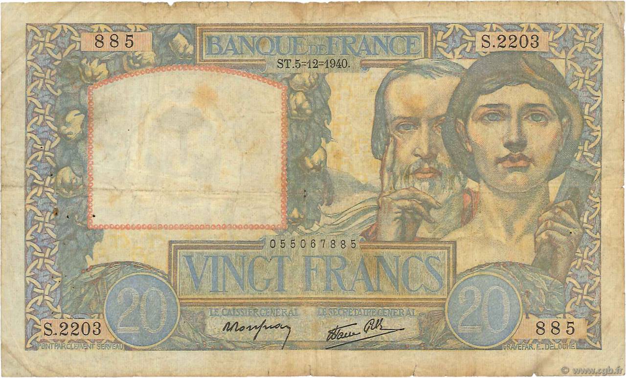 20 Francs TRAVAIL ET SCIENCE FRANCE  1940 F.12.10 VG