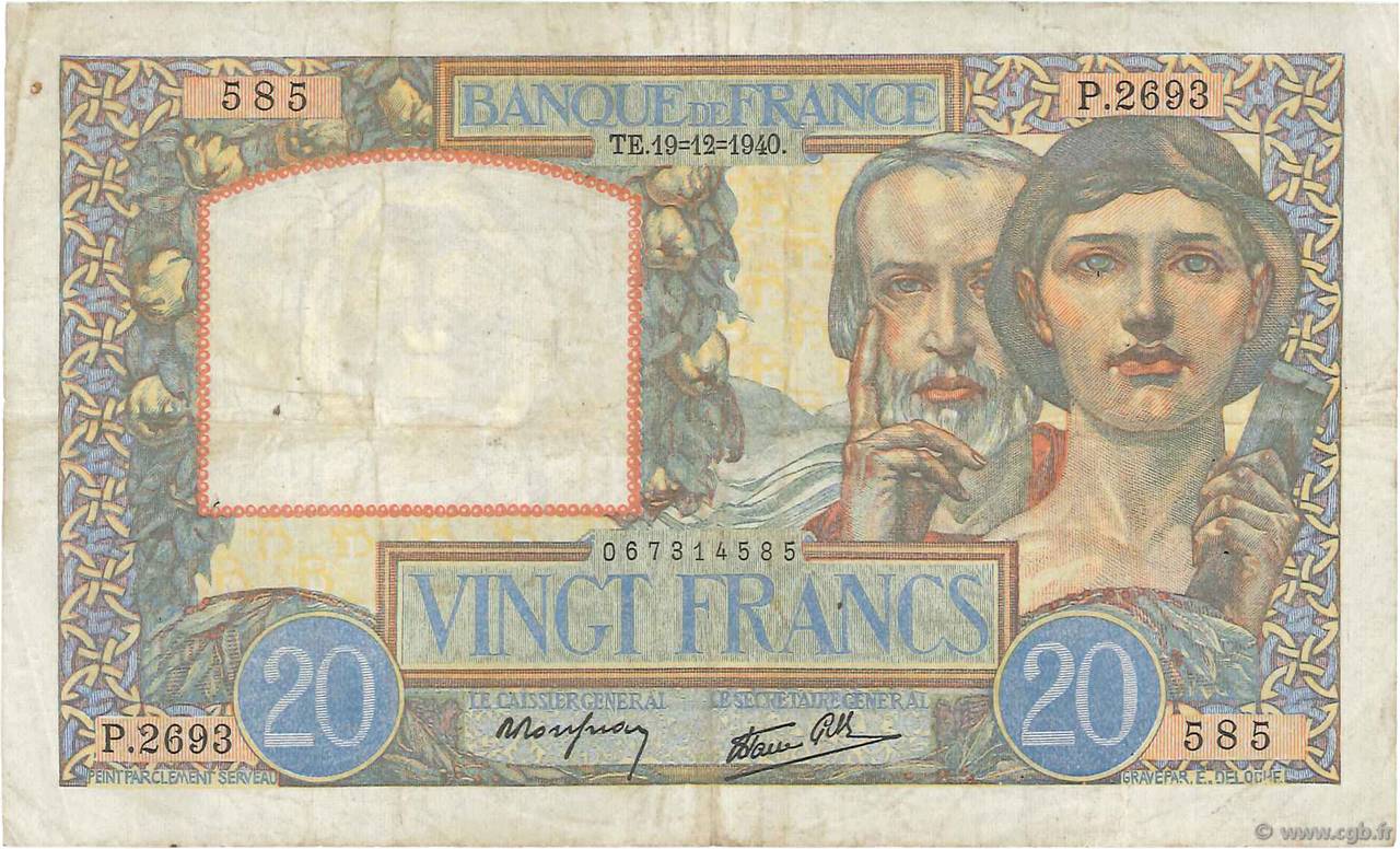 20 Francs TRAVAIL ET SCIENCE FRANCE  1940 F.12.11 VF-