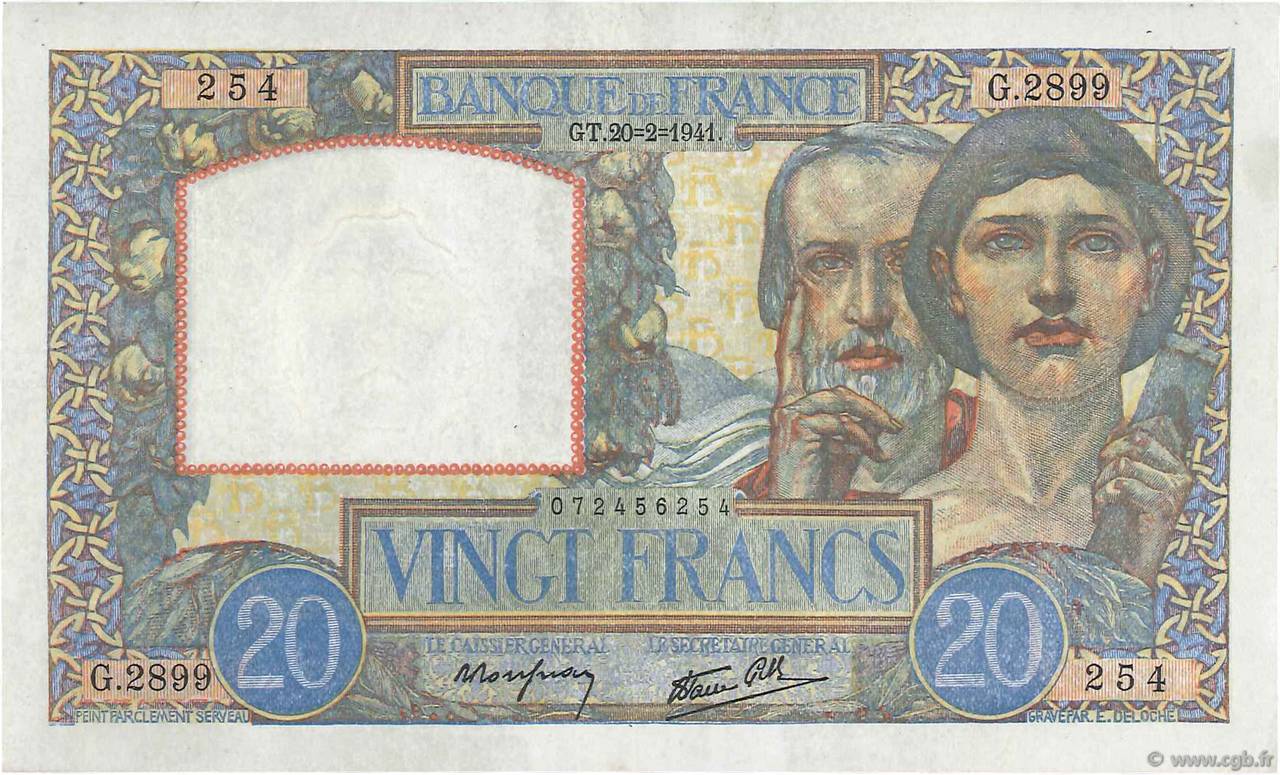 20 Francs TRAVAIL ET SCIENCE FRANCE  1941 F.12.12 SUP