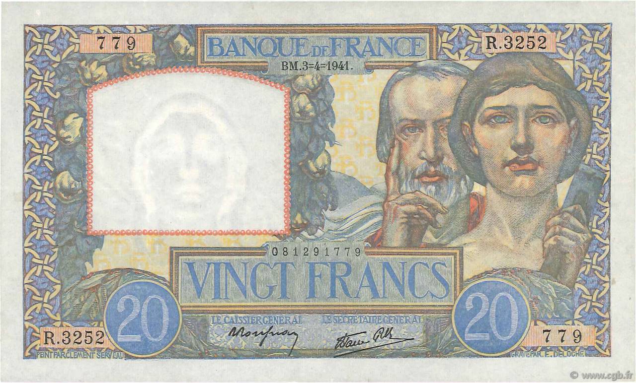 20 Francs TRAVAIL ET SCIENCE FRANKREICH  1941 F.12.13 SS to VZ