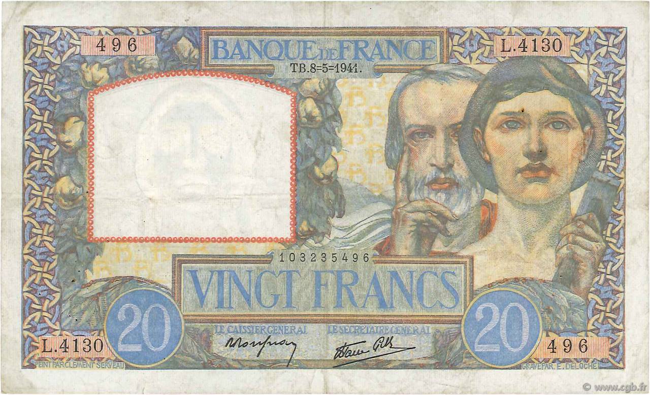20 Francs TRAVAIL ET SCIENCE FRANCE  1941 F.12.14 TTB