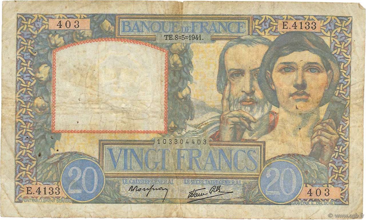 20 Francs TRAVAIL ET SCIENCE FRANKREICH  1941 F.12.14 fS