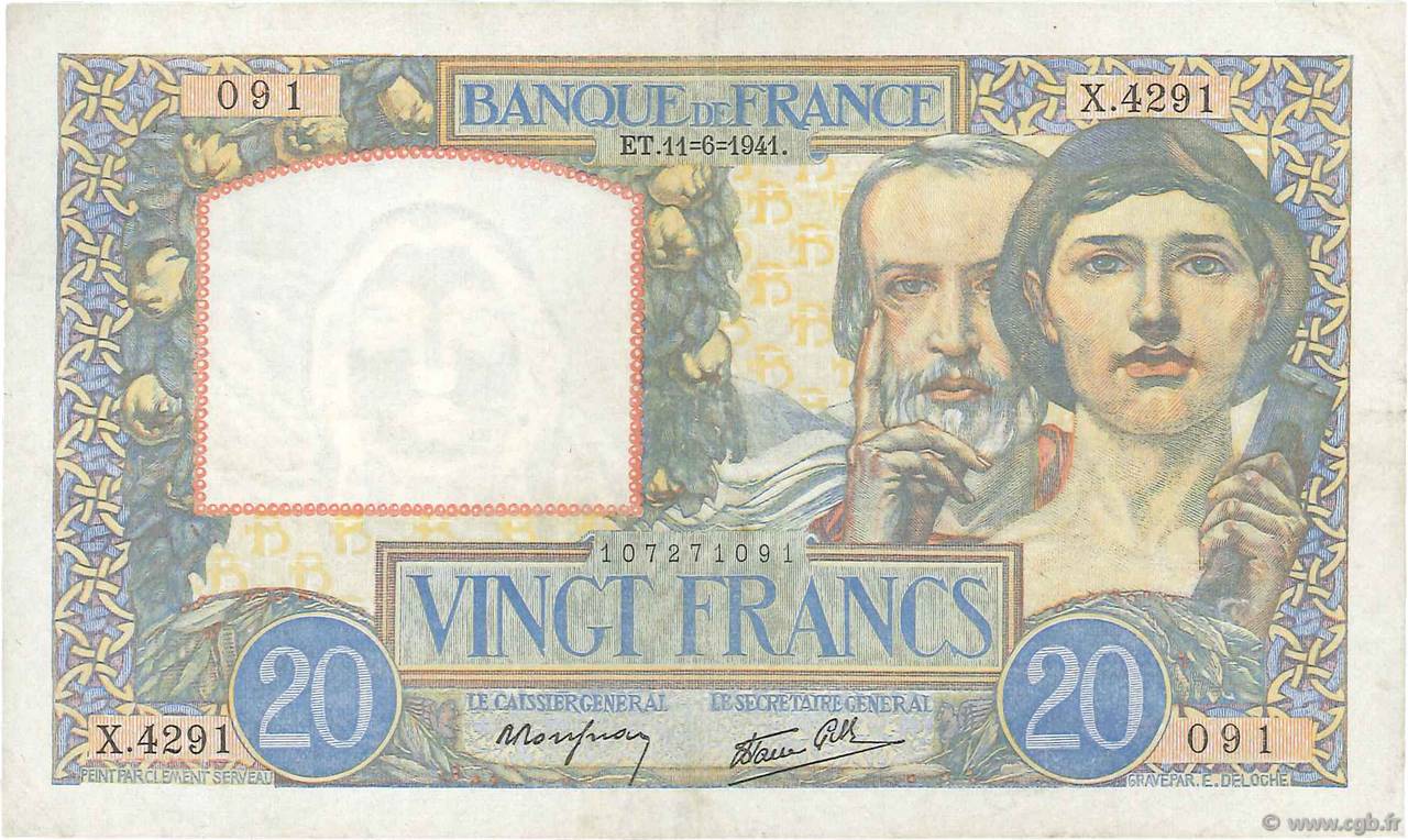 20 Francs TRAVAIL ET SCIENCE FRANCE  1941 F.12.15 VF+