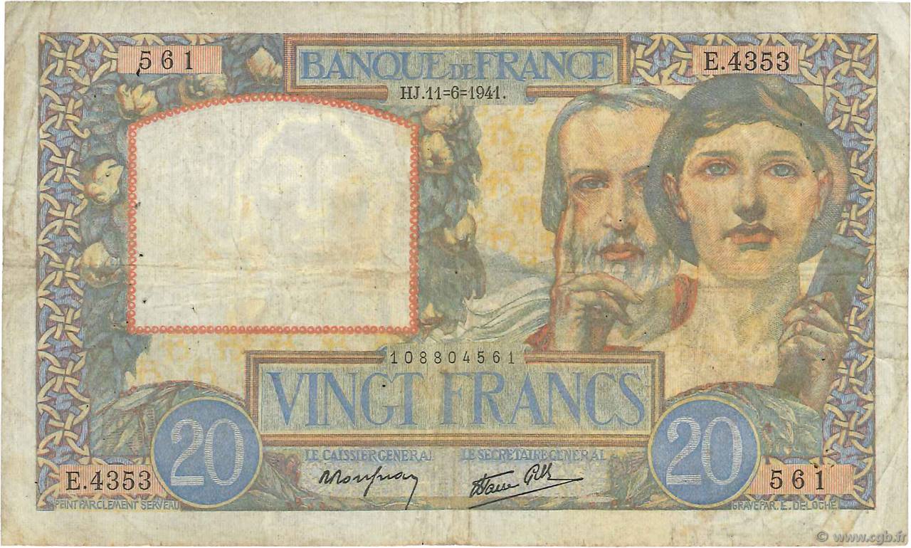 20 Francs TRAVAIL ET SCIENCE FRANKREICH  1941 F.12.15 fS