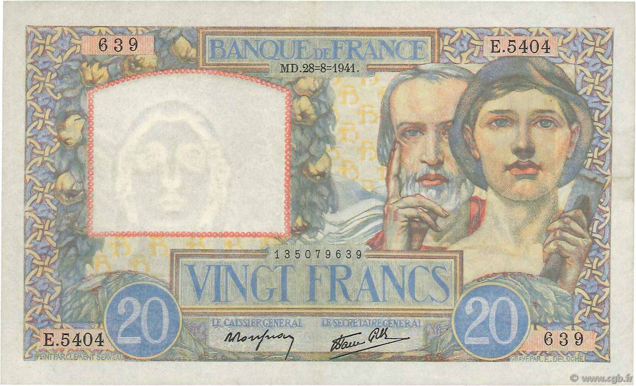 20 Francs TRAVAIL ET SCIENCE FRANCE  1941 F.12.17 TTB+