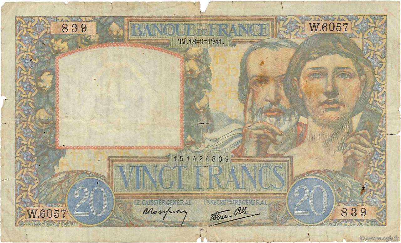 20 Francs TRAVAIL ET SCIENCE FRANCE  1941 F.12.18 VG