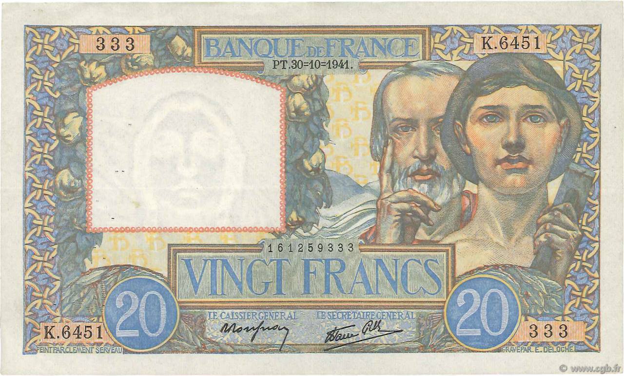 20 Francs TRAVAIL ET SCIENCE FRANCE  1941 F.12.19 VF+