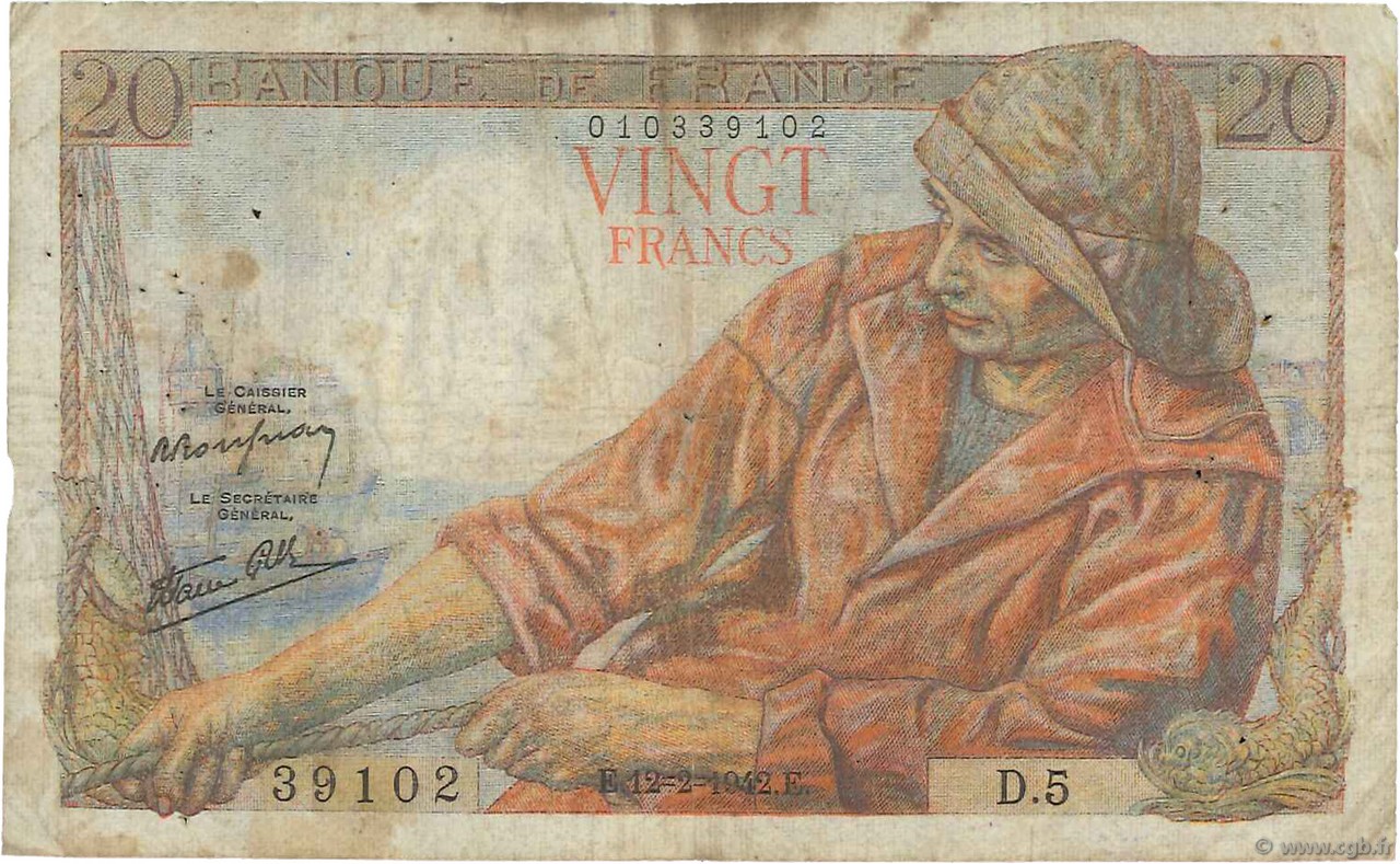 20 Francs PÊCHEUR FRANKREICH  1942 F.13.01 SGE