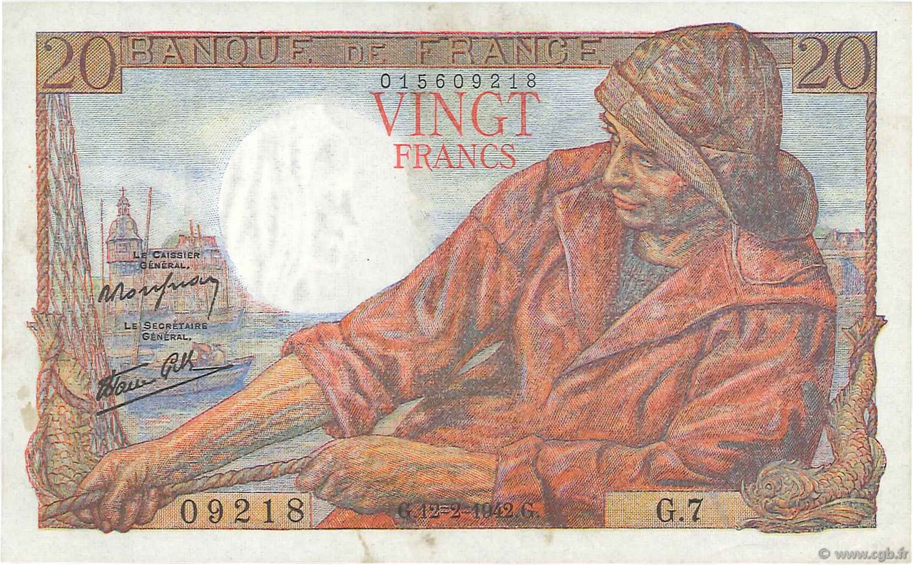 20 Francs PÊCHEUR FRANCE  1942 F.13.01 TTB+