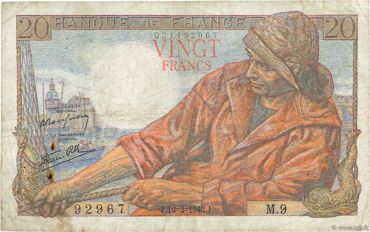 20 Francs PÊCHEUR FRANKREICH  1942 F.13.01 fSS