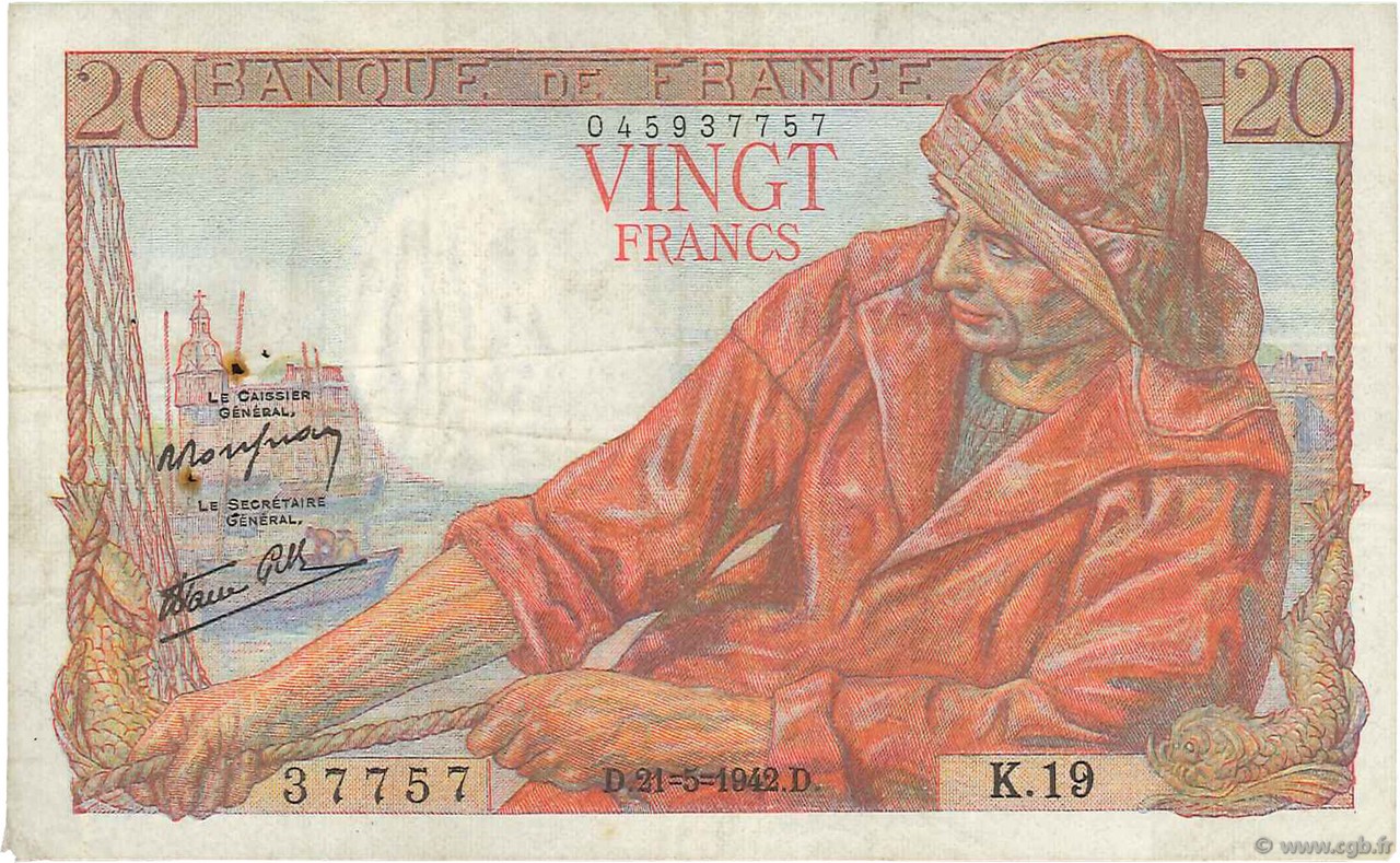 20 Francs PÊCHEUR FRANKREICH  1942 F.13.02 SS