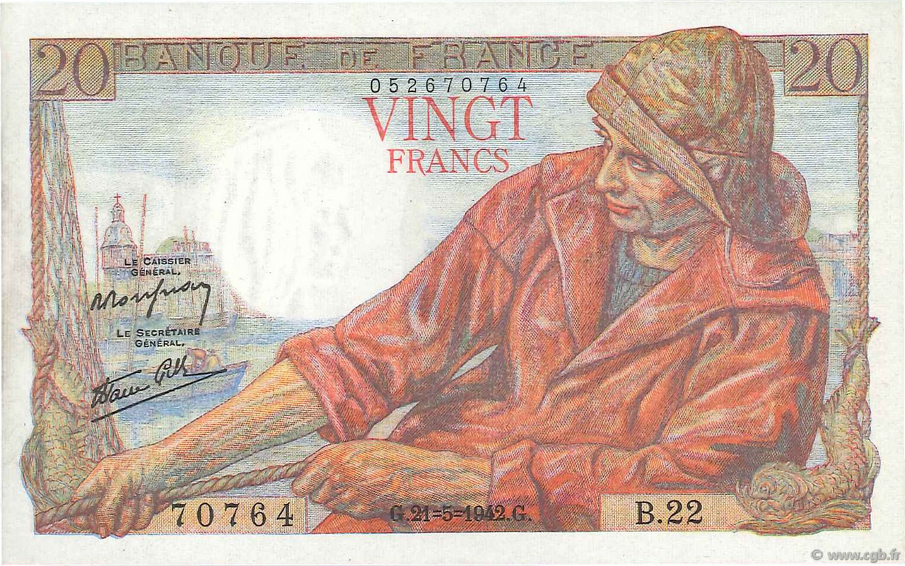 20 Francs PÊCHEUR FRANKREICH  1942 F.13.02 fST