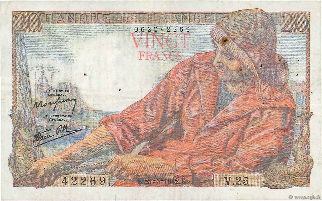 20 Francs PÊCHEUR FRANCE  1942 F.13.02 VF-