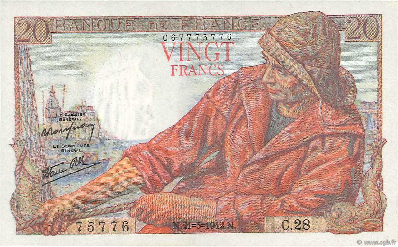 20 Francs PÊCHEUR FRANCE  1942 F.13.02 SUP+