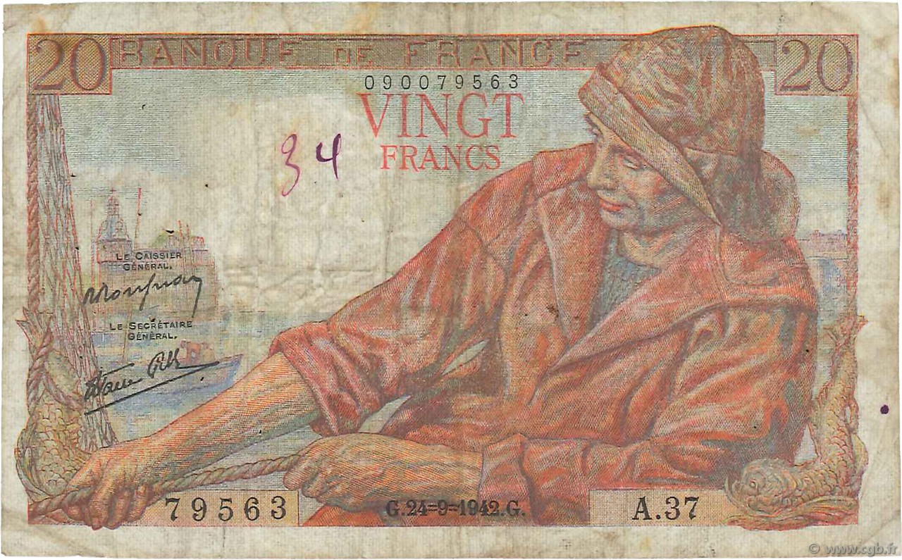 20 Francs PÊCHEUR FRANCE  1942 F.13.03 B