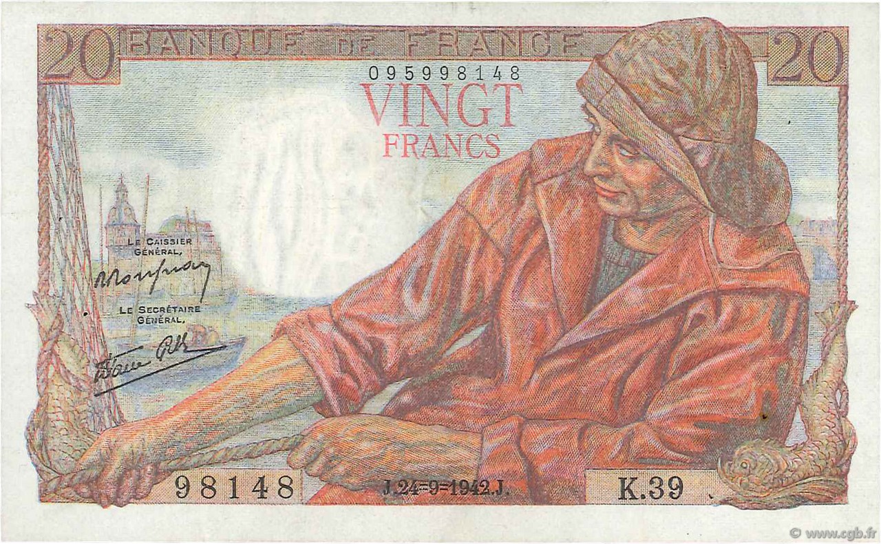 20 Francs PÊCHEUR FRANCE  1942 F.13.03 XF