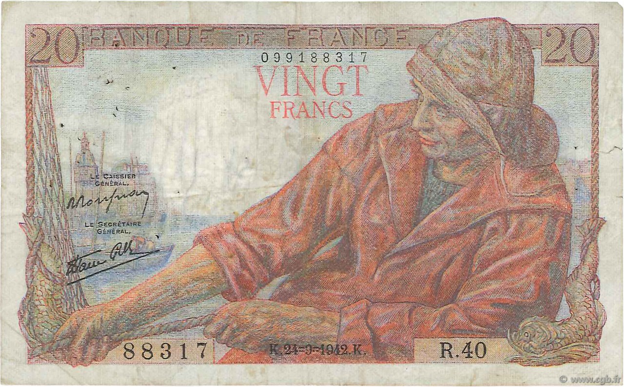 20 Francs PÊCHEUR FRANKREICH  1942 F.13.03 fSS