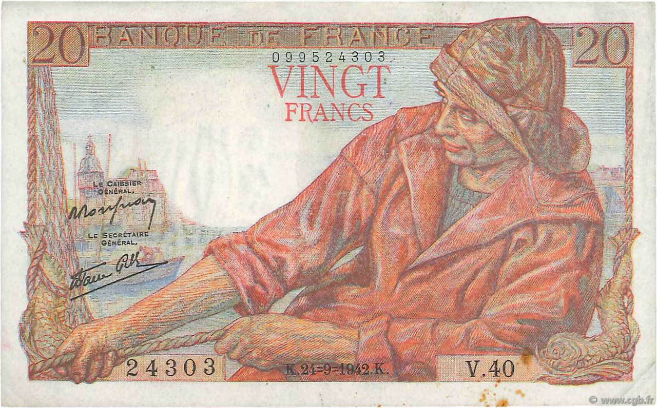 20 Francs PÊCHEUR FRANCE  1942 F.13.03 SUP+
