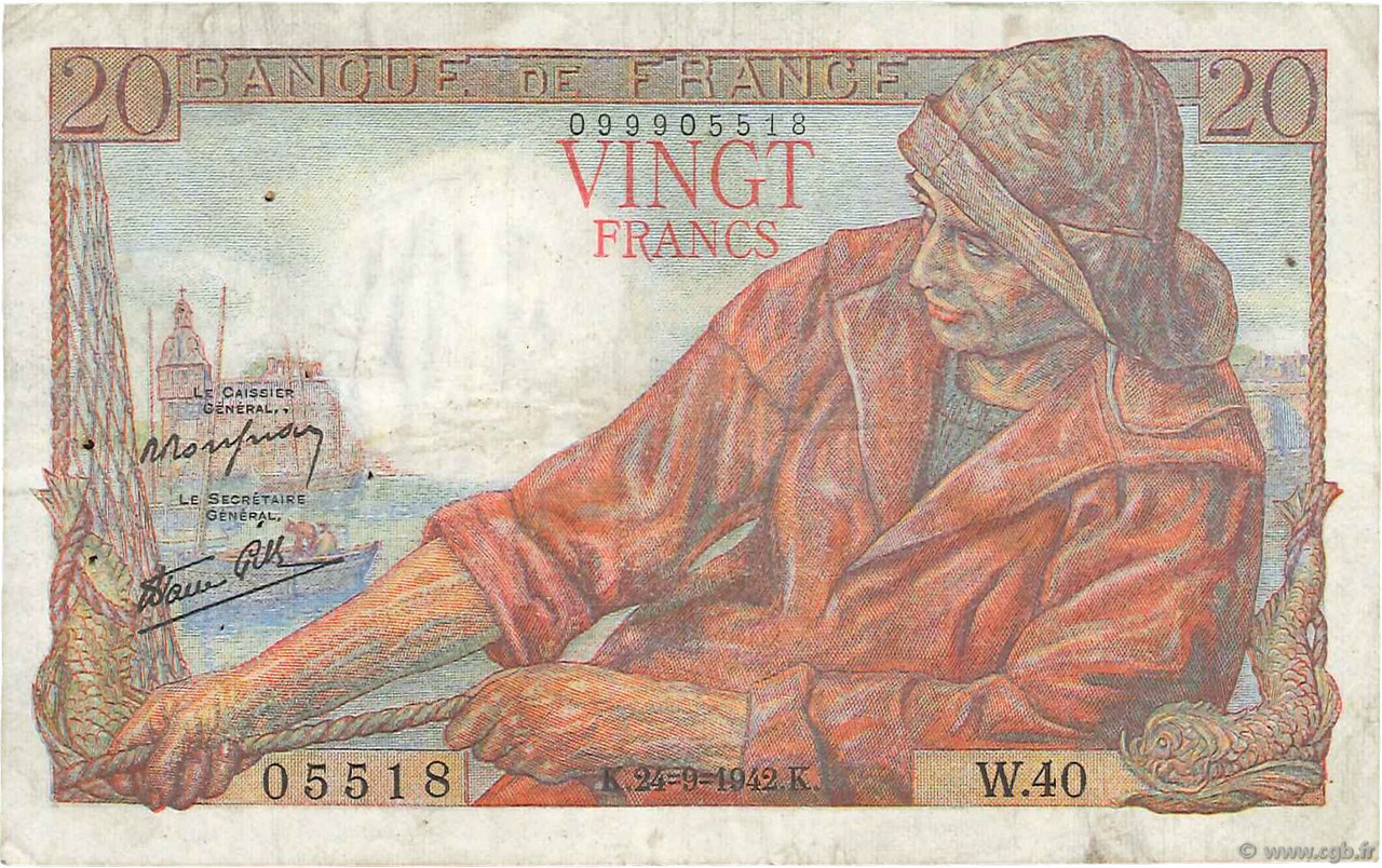 20 Francs PÊCHEUR FRANCIA  1942 F.13.03 BC+
