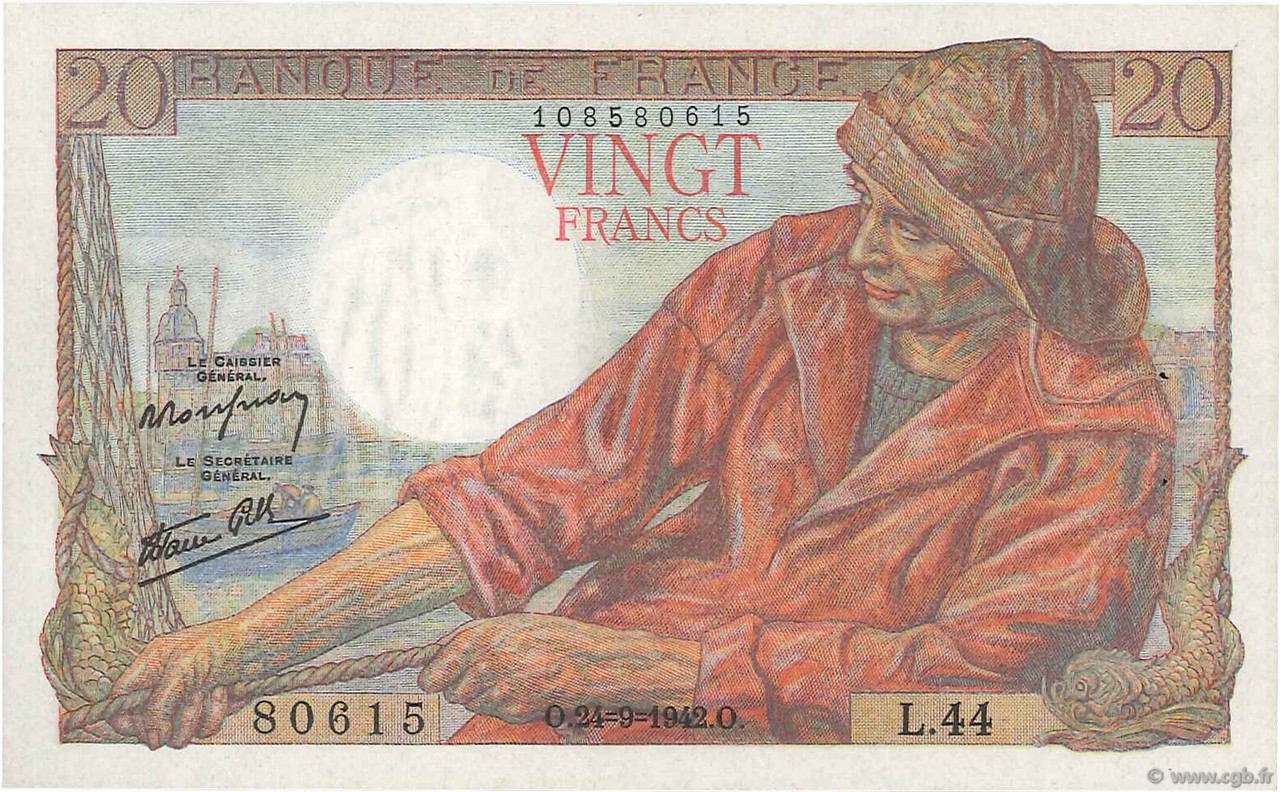 20 Francs PÊCHEUR FRANCE  1942 F.13.03 SPL
