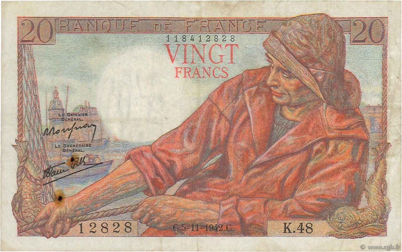 20 Francs PÊCHEUR FRANCE  1942 F.13.04 F+